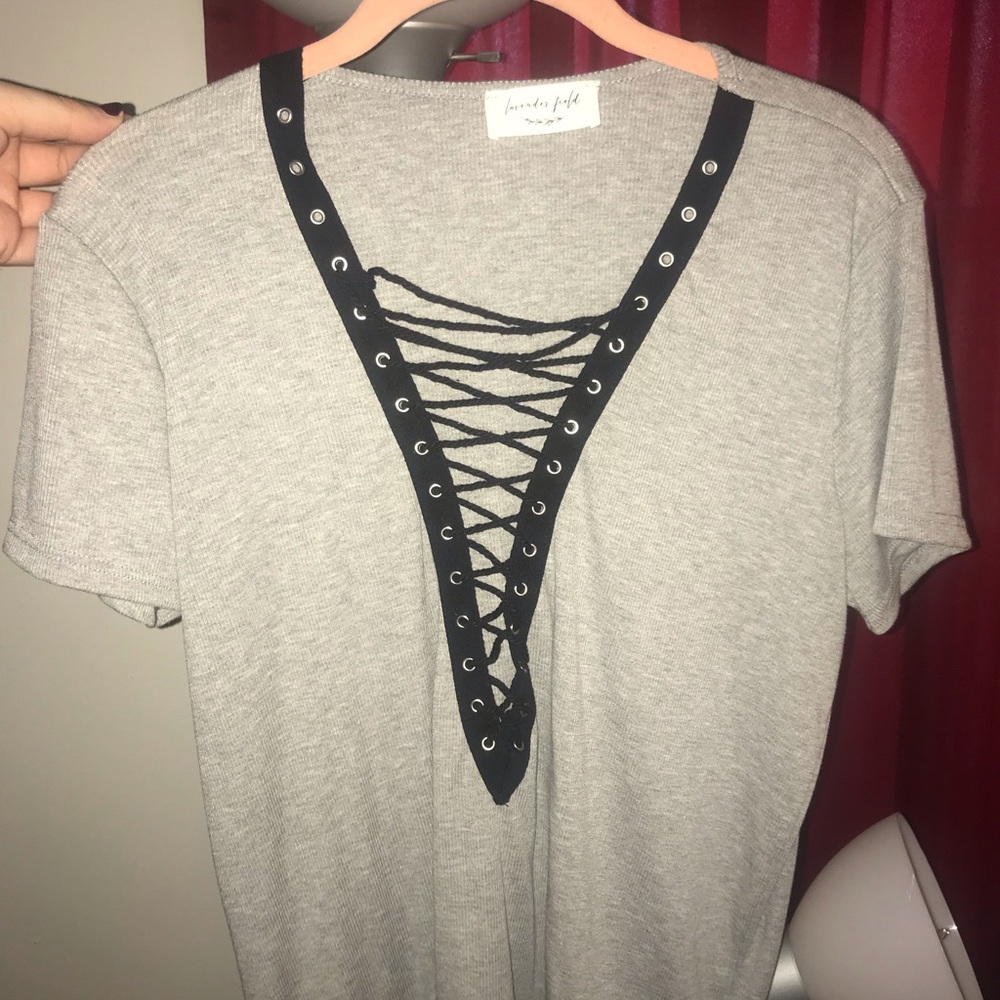 Gray Shirt With Plunging Tie Down-Lavender Fields